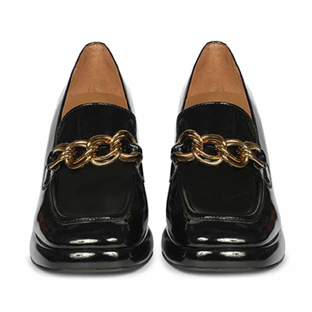 Saint Isadora Black Crinkle Patent Chain  Block Heel Moccasins