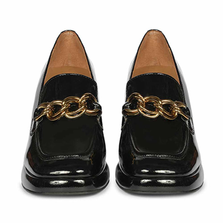 Saint Isadora Black Crinkle Patent Chain  Block Heel Moccasins