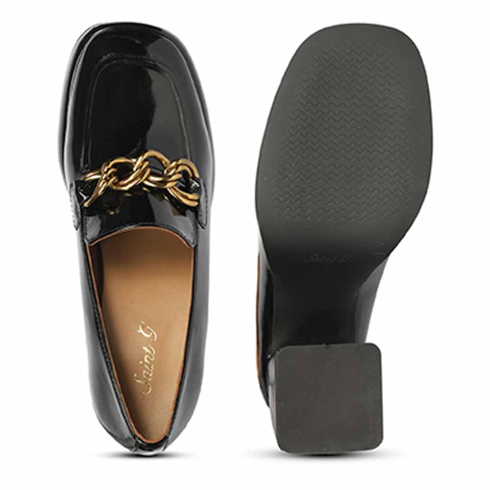 Saint Isadora Black Crinkle Patent Chain  Block Heel Moccasins
