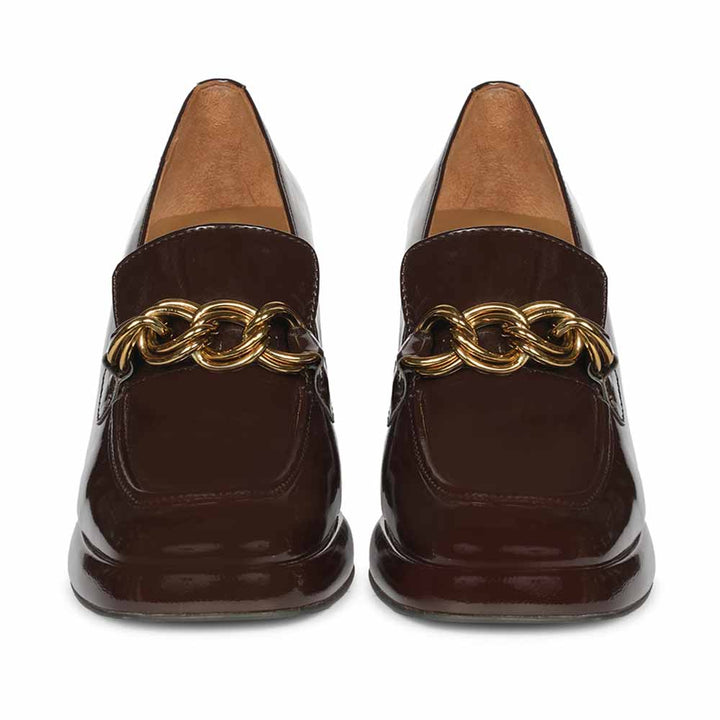 Saint Isadora Brown Crinkle Patent Chain  Block Heel Moccasins