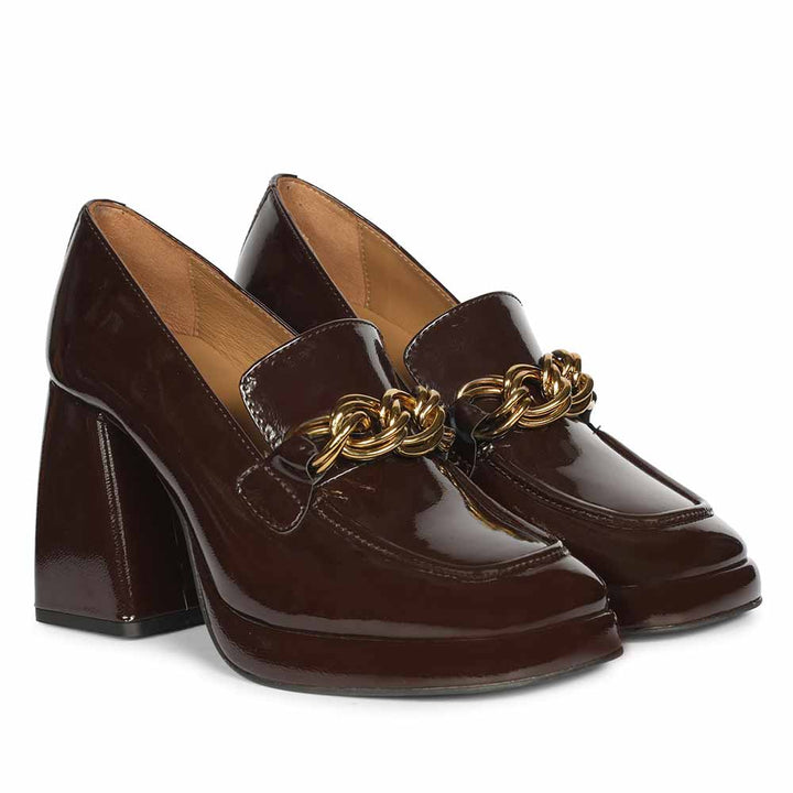 Saint Isadora Brown Crinkle Patent Chain  Block Heel Moccasins