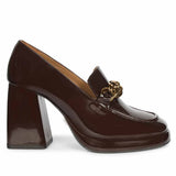 Saint Isadora Brown Crinkle Patent Chain  Block Heel Moccasins