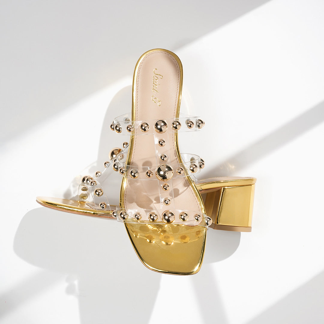 Saint Ivo Stud Embellished Gold Block Heels