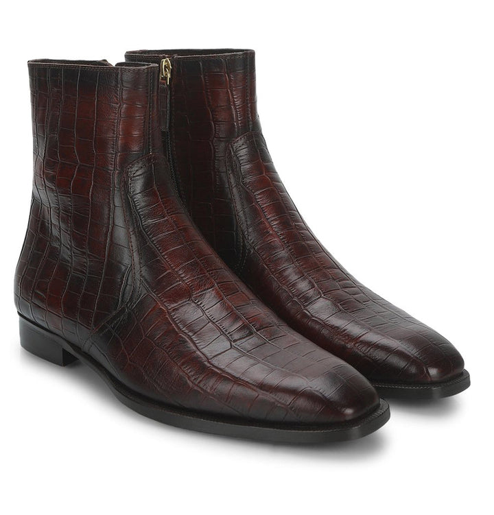 Saint Umberto Brown Croco Embossed Leather High Ankle Boot