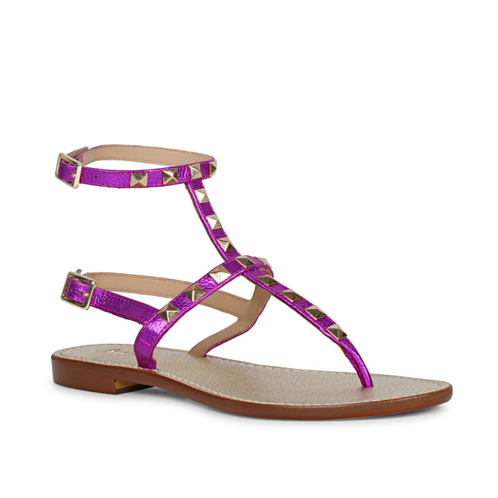 Saint Irene Hot Pink Leather Metal Studded Flat Sandals