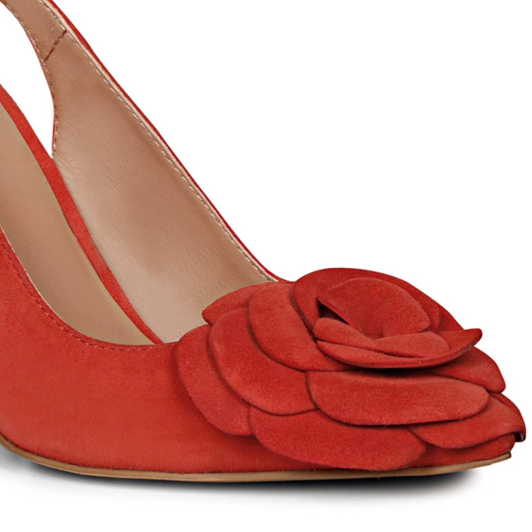 Red suede leather heels with floral embellishments - Saint Naiya's elegant statement footwear