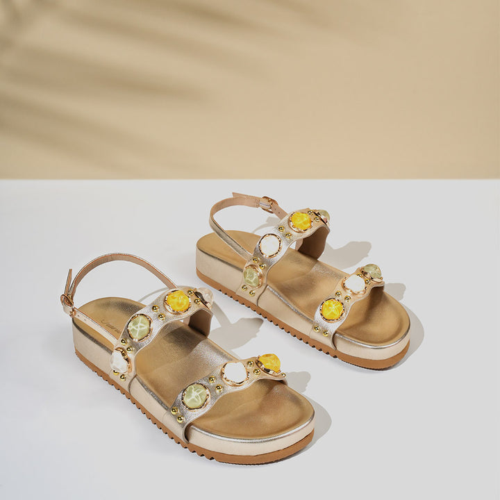 Saint Solira Multi Stone Metallic Gold Leather Footbed Sandals