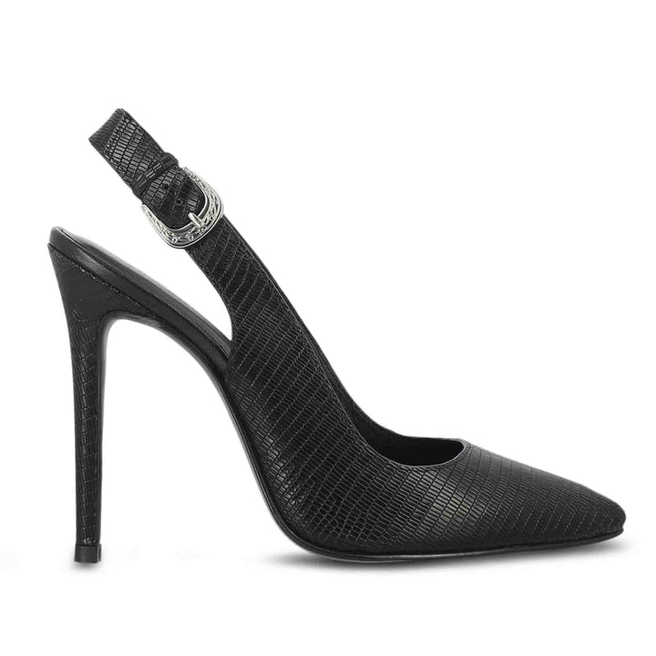 Saint Eilish Black Snake Print Leather Buckle Kitten Heels - Stylish, edgy kitten heels with a bold snake print for a chic and trendy look.