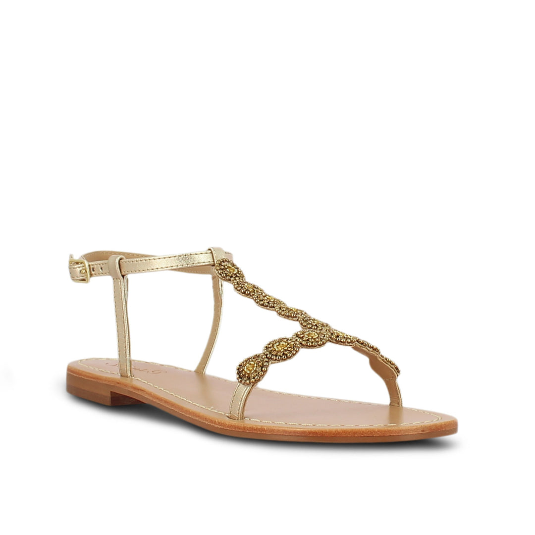 Adele Metallic Platinum Leather Sandals with Gold Embroidery - Elegant and stylish women's footwear for a touch of glamour.