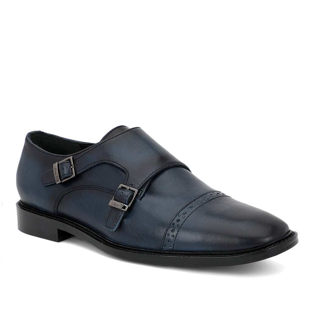 Saint Perctarit Blue Leather Double Buckle Monk Brogue Shoes - SaintG India