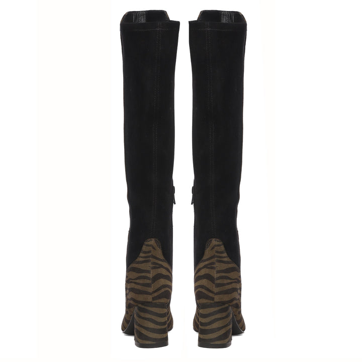 Saint Elexis Olive Leo Print Leather Knee High Boots