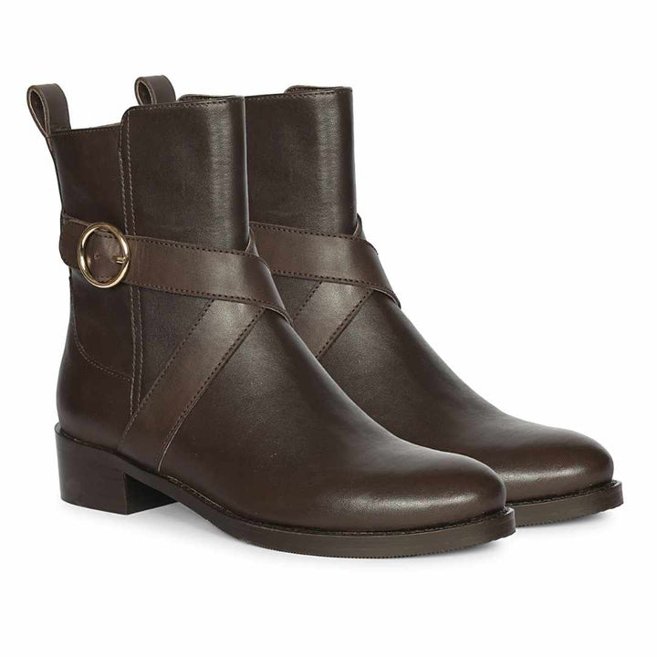 Saint Valentina Gold Buckle Brown Leather Ankle Boots