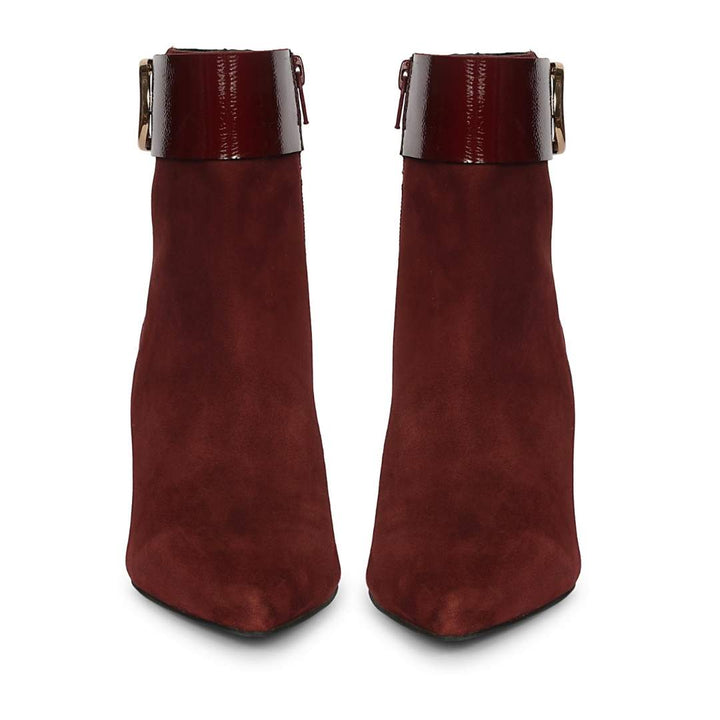 Saint Isabeau Gold Buckle Bordo Suede Stiletto Ankle Boots