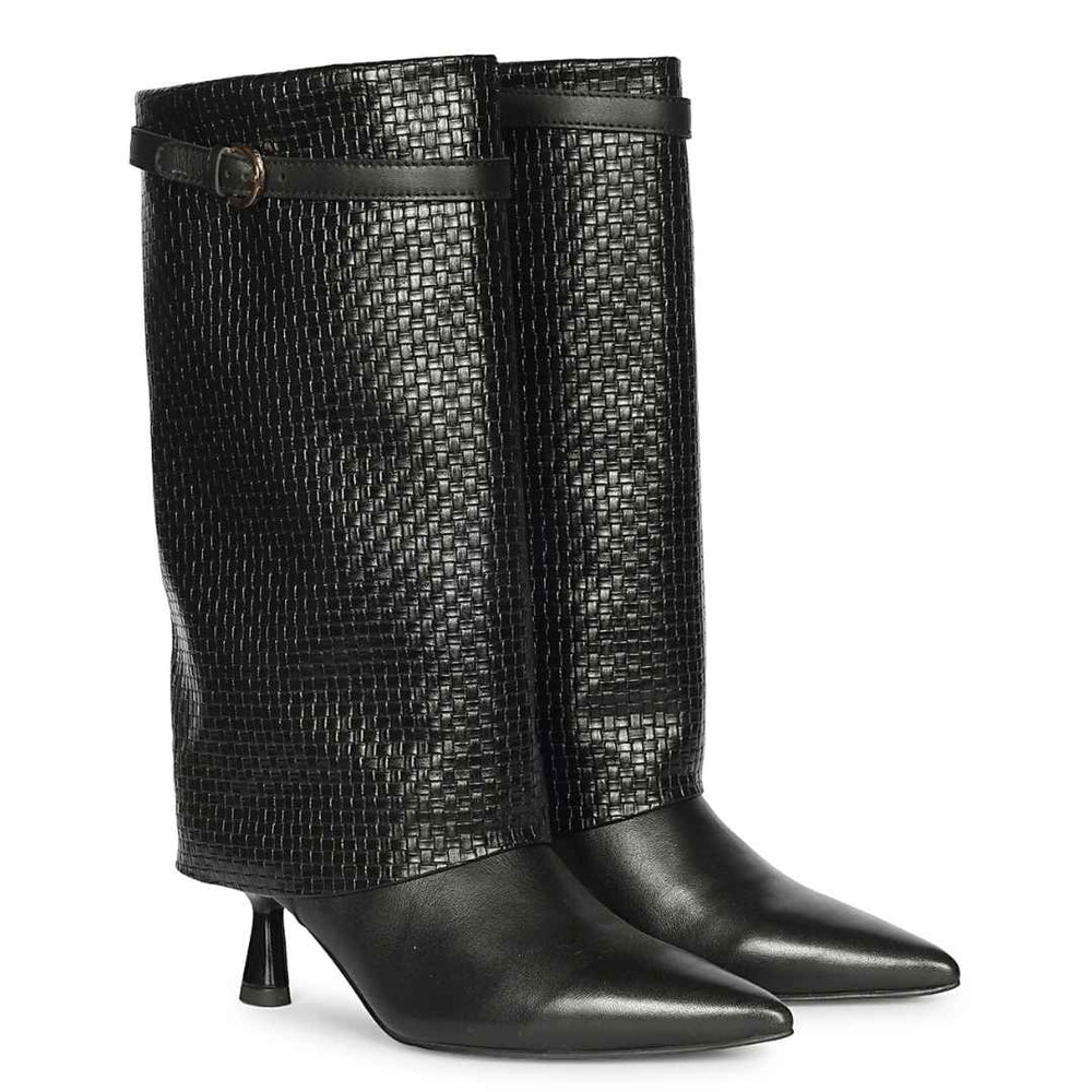 A pair of black knee-high boots featuring a textured woven upper and smooth pointed-toe heels