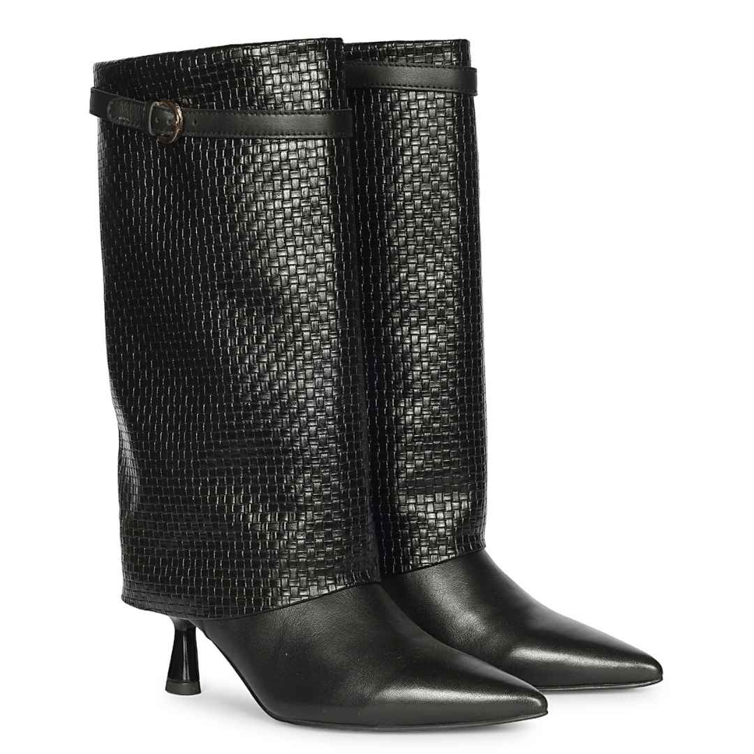 A pair of black knee-high boots featuring a textured woven upper and smooth pointed-toe heels