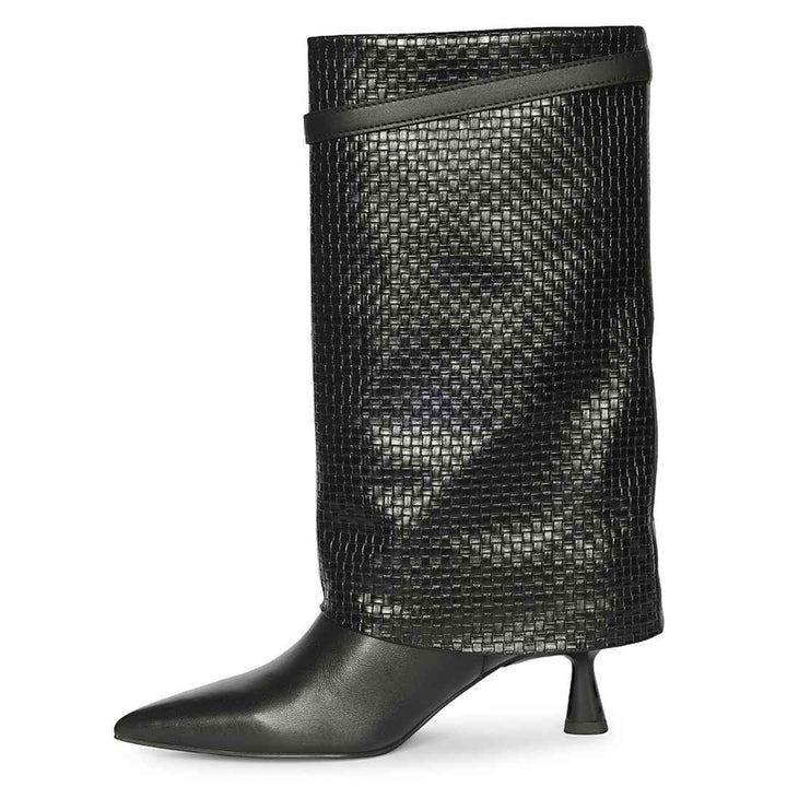 A black mid-calf boot with a pointed toe, a slim kitten heel