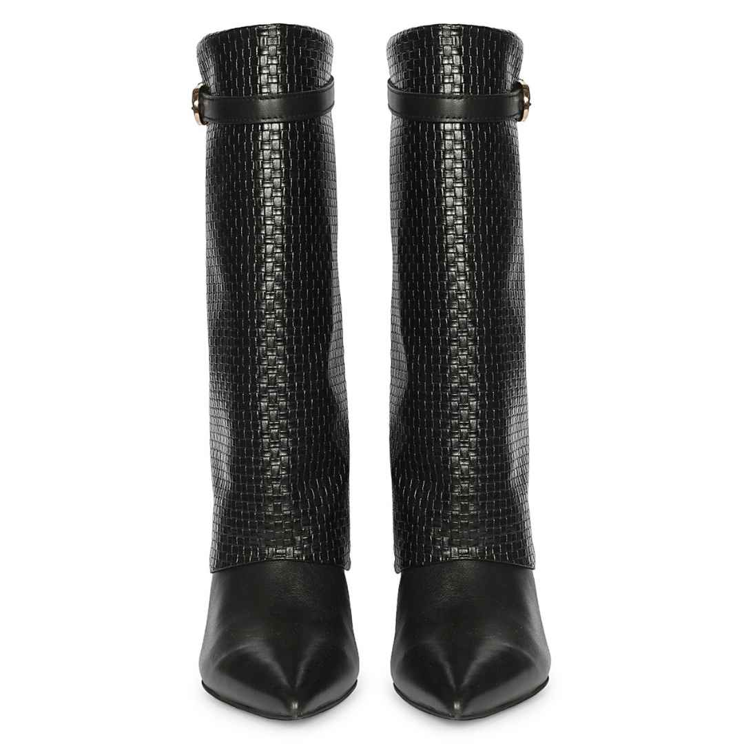 Blaise Black Leather Woven Fold Over Kitten Long Boots

