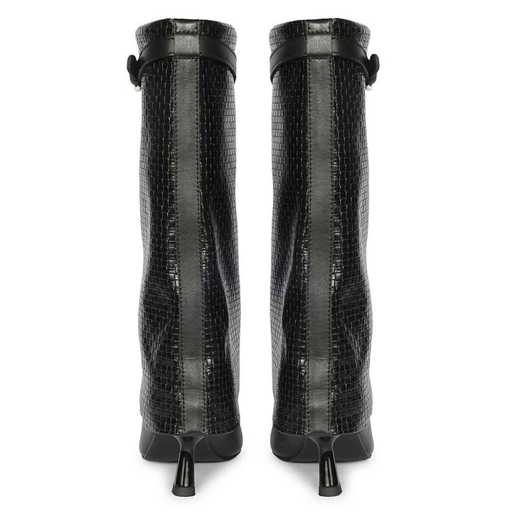 A pair of black mid-calf boots with a crocodile-embossed texture