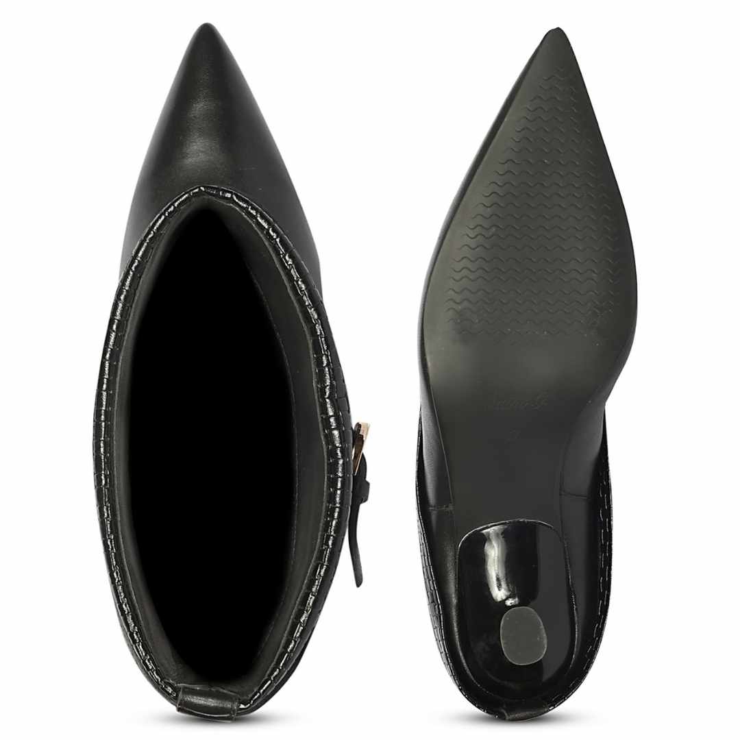Black Leather Woven Fold Over Kitten Long Boots