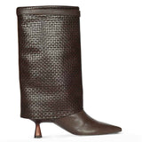 Saint Blaise Brown Leather Woven Fold-Over Kitten Long Boots