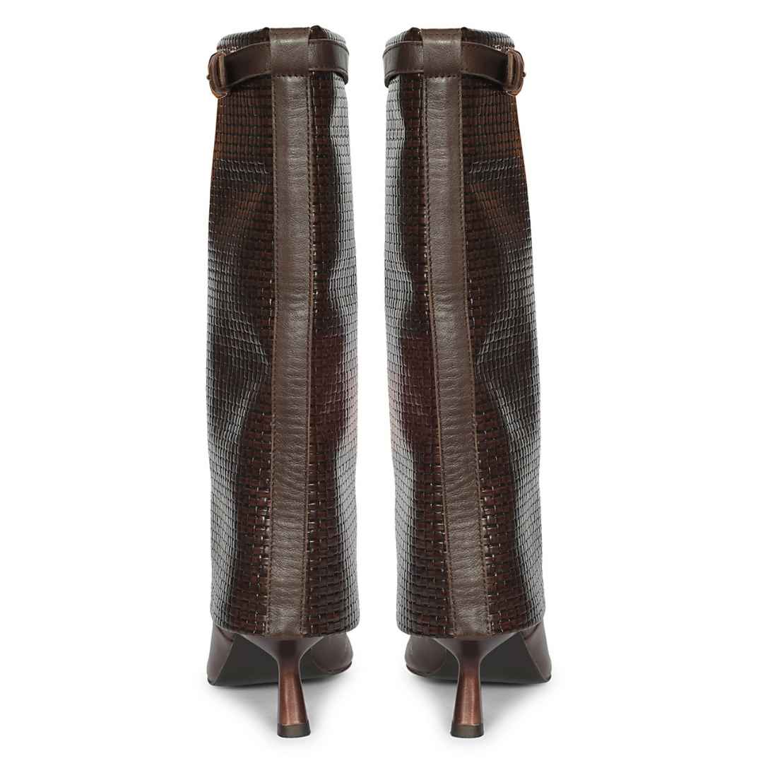 A pair of dark brown knee-high boots with a textured crocodile pattern and slim pointed heels
