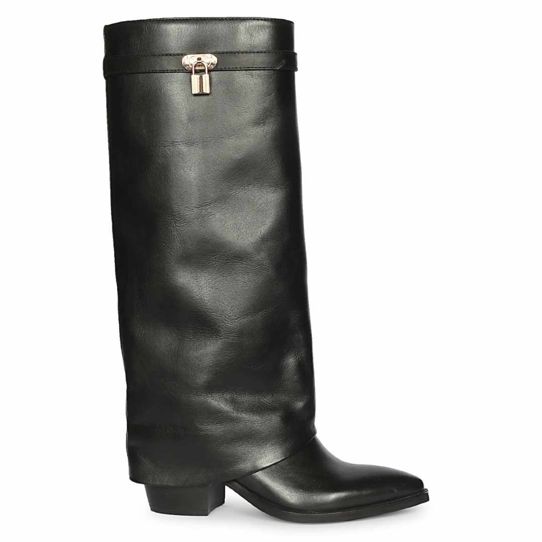 A single black leather knee-high boot with a low block heel and a small gold padlock detail at the top collar