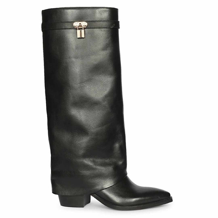 A single black leather knee-high boot with a low block heel and a small gold padlock detail at the top collar