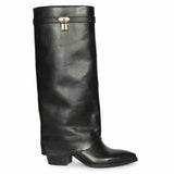 Saint Quinley Black Leather Fold-Over Knee High Boots