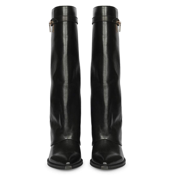 A pair of black leather knee-high boots with pointed toes and a decorative strap detail