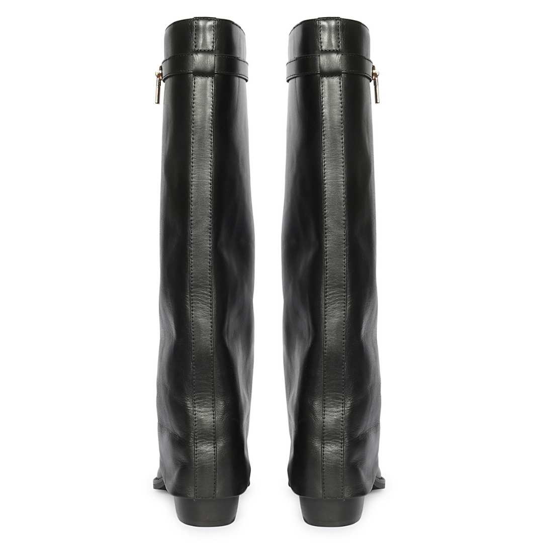 A pair of black leather knee-high boots shown from the back, featuring a side zipper with a small gold-tone pull tab and a low block heel