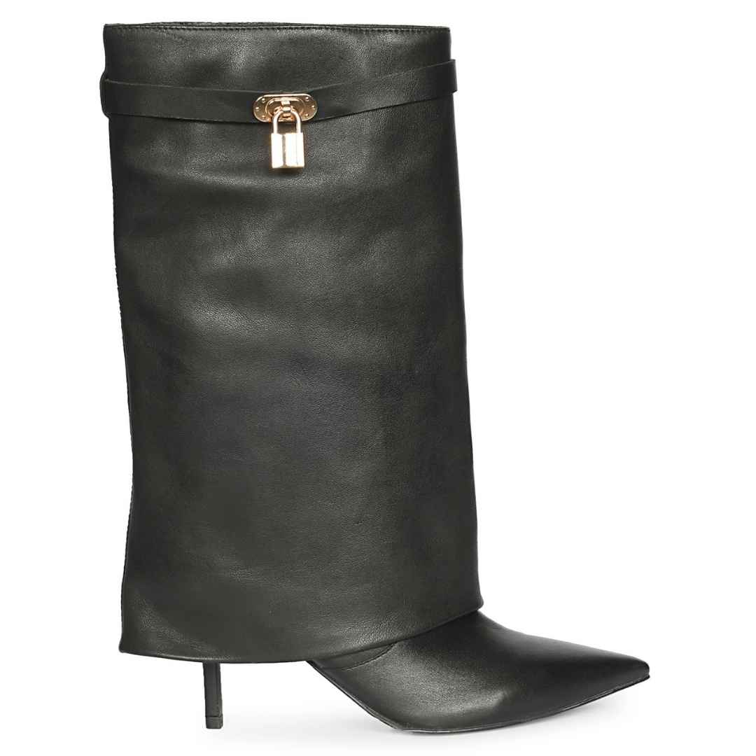 A black leather knee-high boot with a pointed toe and a slim high heel