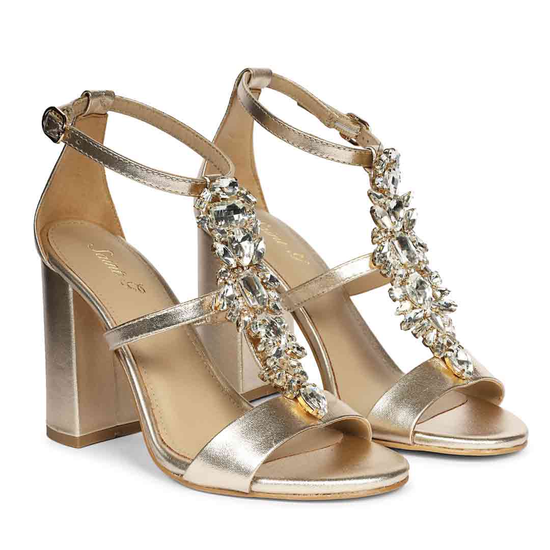 Saint Colleen Silver Stone Metallic Gold Block Heels