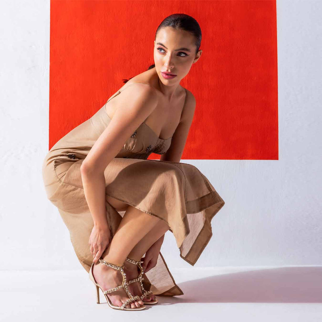 Saint Ella Stone Embellished Metallic Gold Leather Stilettos