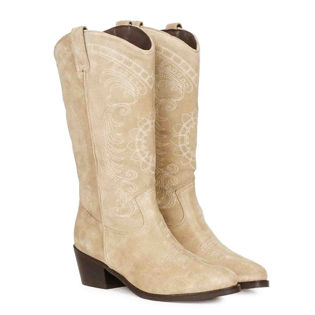 Saint Elodie's signature stitched ivory leather cowboy boots