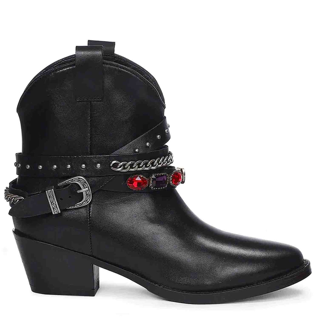 Saint Louanne Black Leather Rhinestone Studded Décor Boots