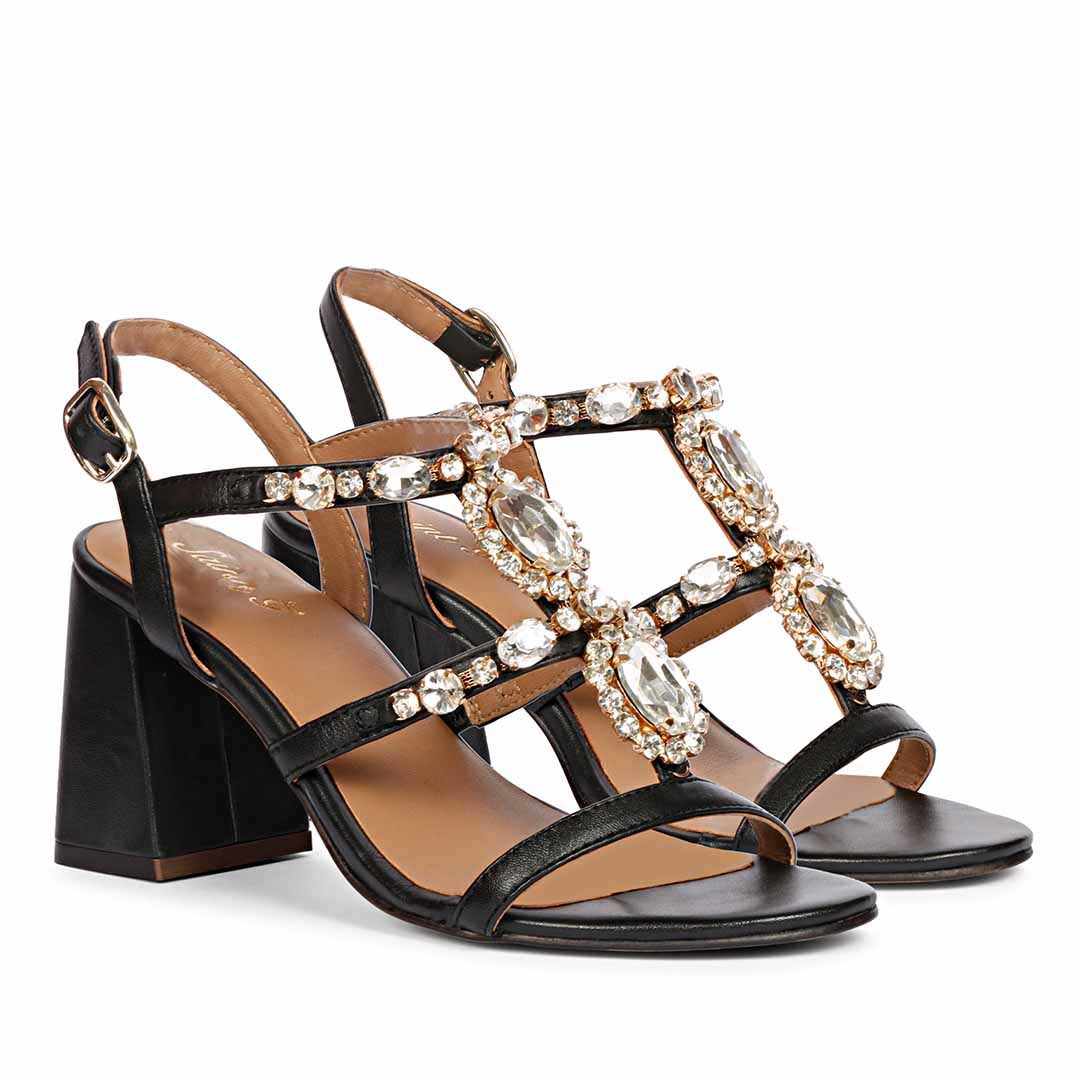 Saint Enriqueta Stone Adorned Black Leather Block Heels