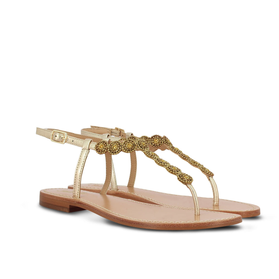 Alcina Platin Leather Gold Embroidered Flat Sandals - Elegant, comfortable footwear with intricate embroidery for a stylish and luxurious look