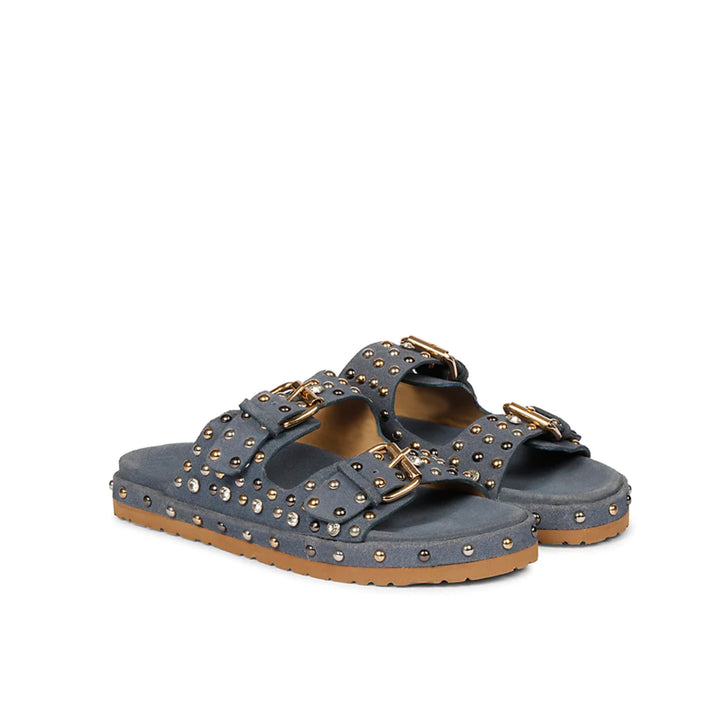 Chloe Studded Double Buckle Denim Leather Sandal