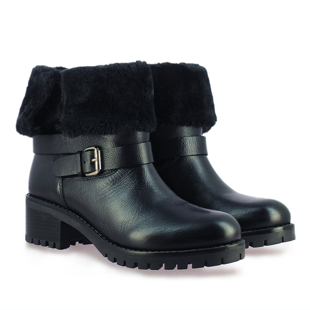 Theresa Buckle Decorative High Ankle Black Leather Boots