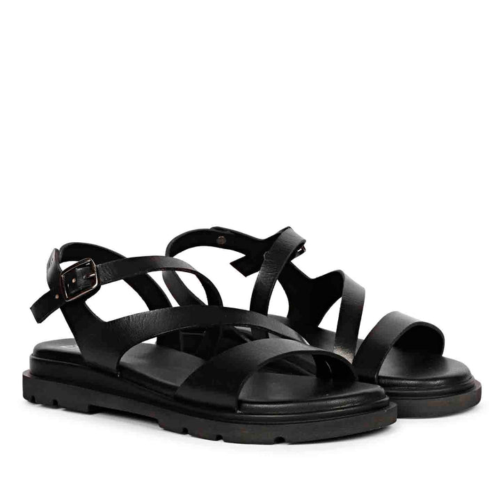 ViviBlu Kamla Black Leather Flat Sandals