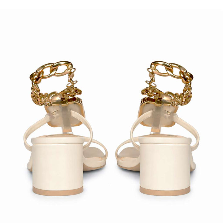 Saint Gaelle Off White Leather Crystal Chain Block Heels