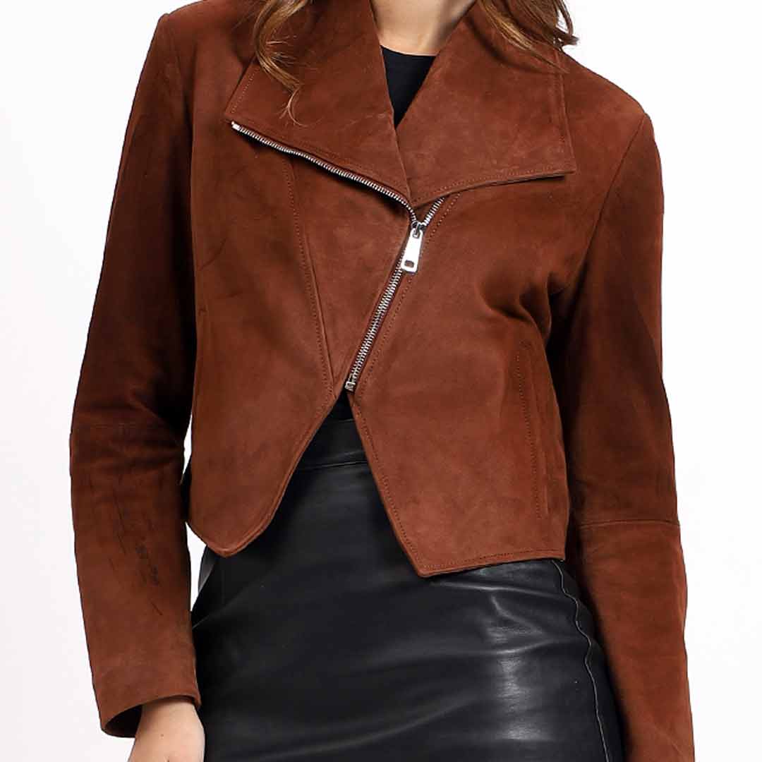 Saint Arlana Women Tan Suede Leather Cafe Racer Jackets