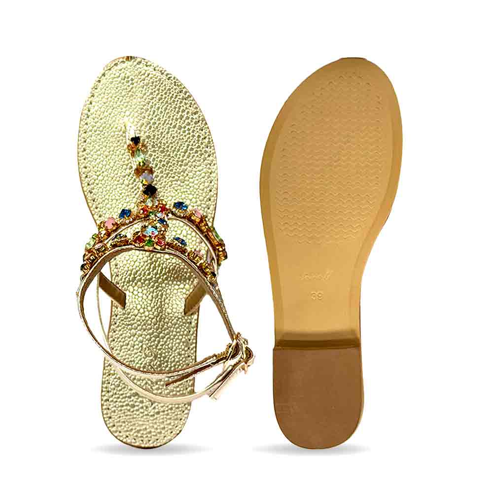 Saint Zuri Multi Stone Embellished Gold Leather Sandals