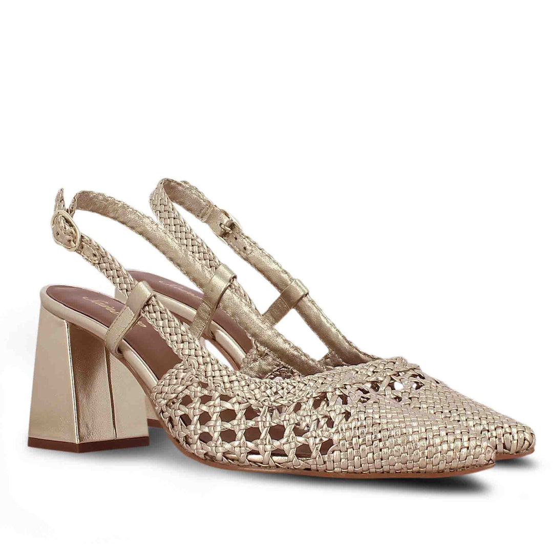 Saint Delaney Platin: Handwoven leather block heels, elegant and stylish footwear for a sophisticated look