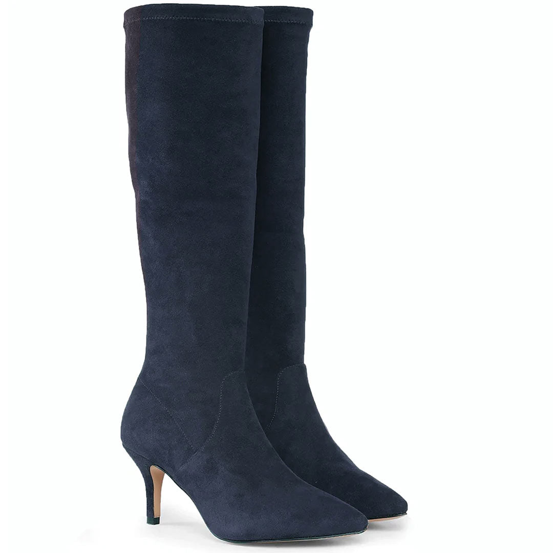 Saint Jemima Navy Stretch Suede Kitten Heel Long Boots