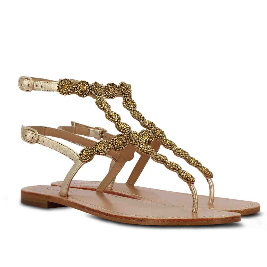 Saint Azzurra Platin Gold Embroidered Sandals: Elegant flat leather footwear with intricate gold embroidery for a touch of luxury and style