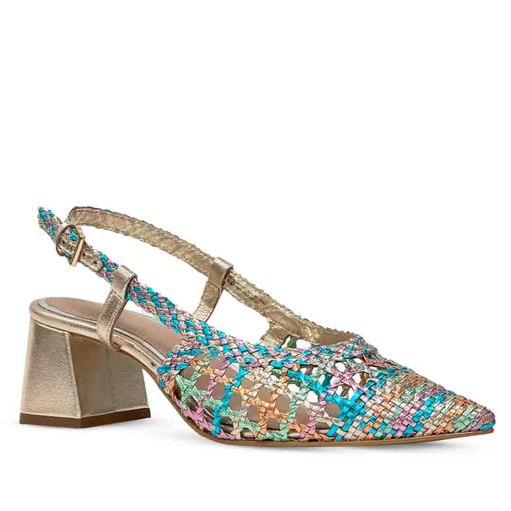 Saint Anya Turquoise Multi Hand Woven Leather Block Heels