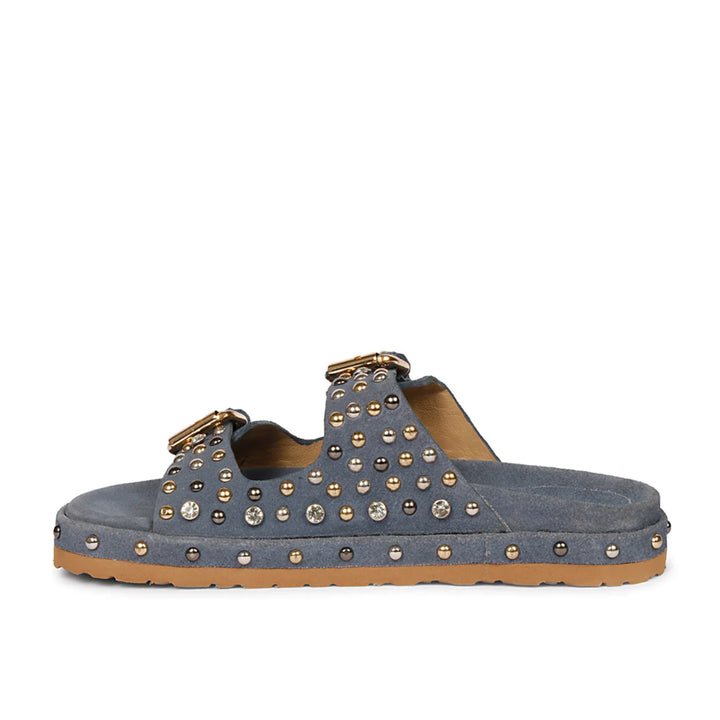 Chloe Studded Double Buckle Denim Leather Sandal