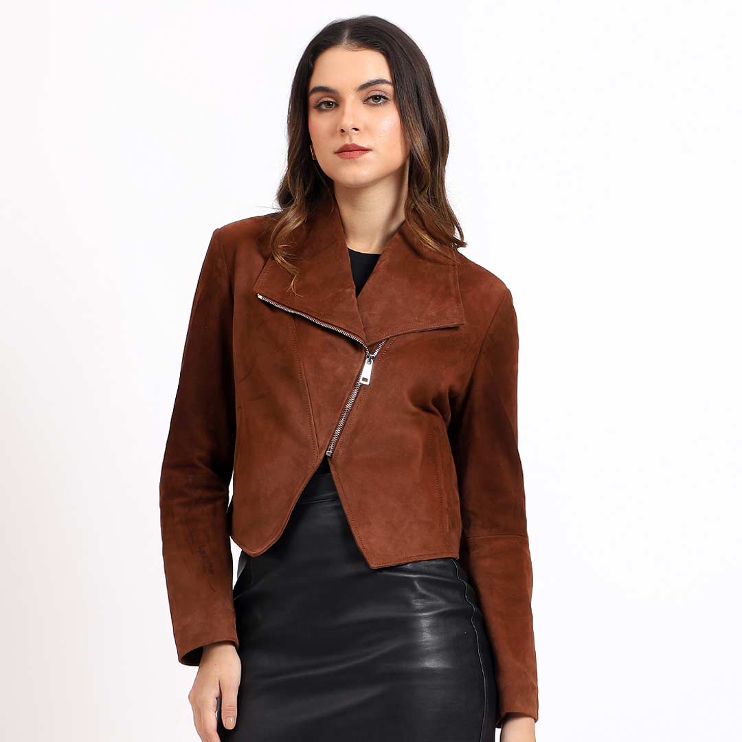 Saint Arlana Women Tan Suede Leather Cafe Racer Jackets