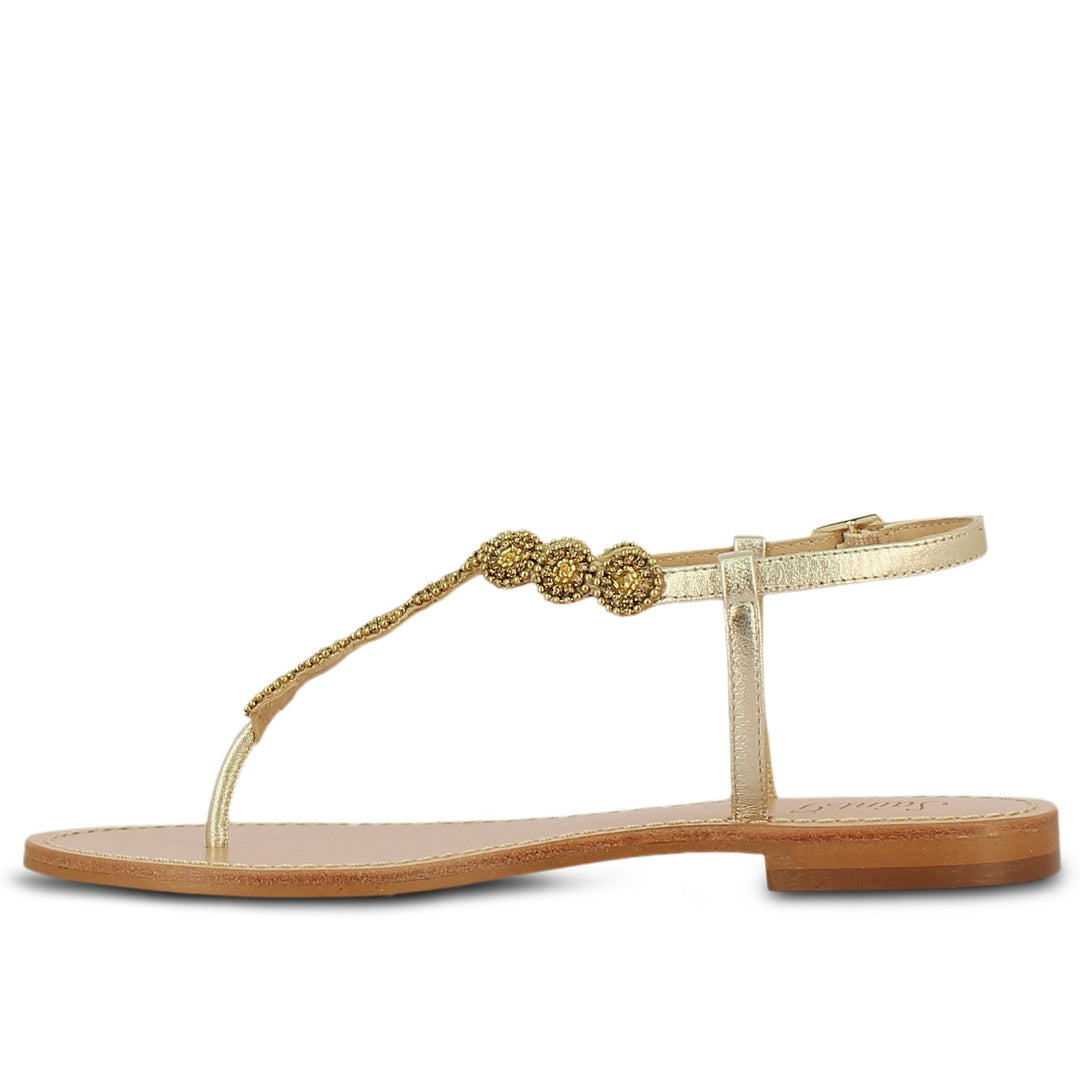 Alcina Platin Leather Gold Embroidered Flat Sandals - Elegant, comfortable footwear with intricate embroidery for a stylish and luxurious look